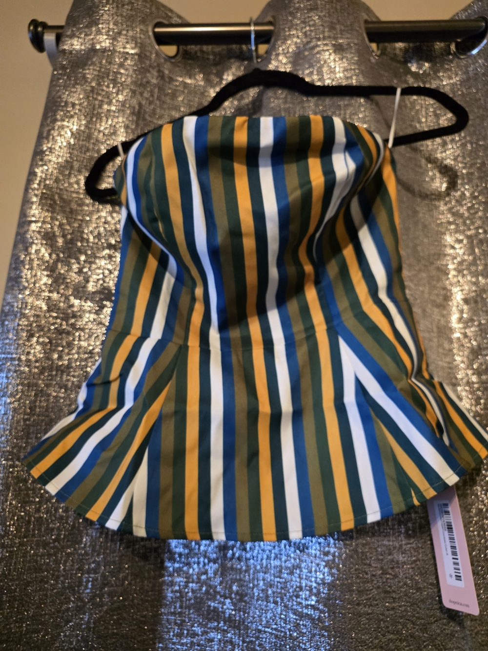 Micas Contrast Striped Strapless Flared Hem Top in Olive, Mustard & Blue